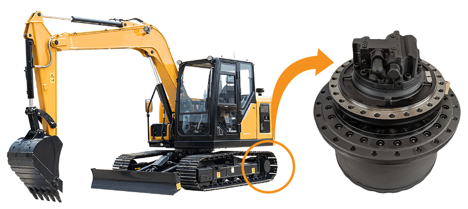 An image showing a mini excavator with an arrow pointing from its undercarriage to a close-up of a complete final drive motor assembly.
