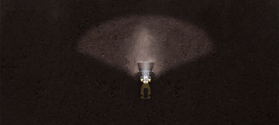 An illustration showing the wide spread of a flood beam pattern from an LED work light on a vehicle.