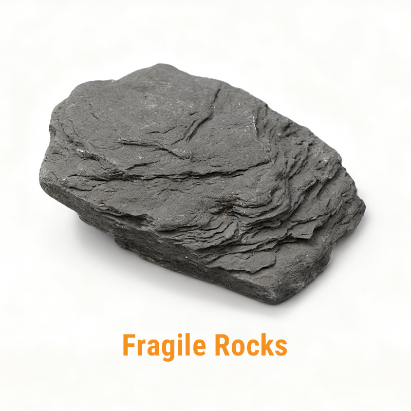 Layered and Fragile Rock A piece of dark gray, fragile rock with visible thin layers, representing a material like slate that can easily split.