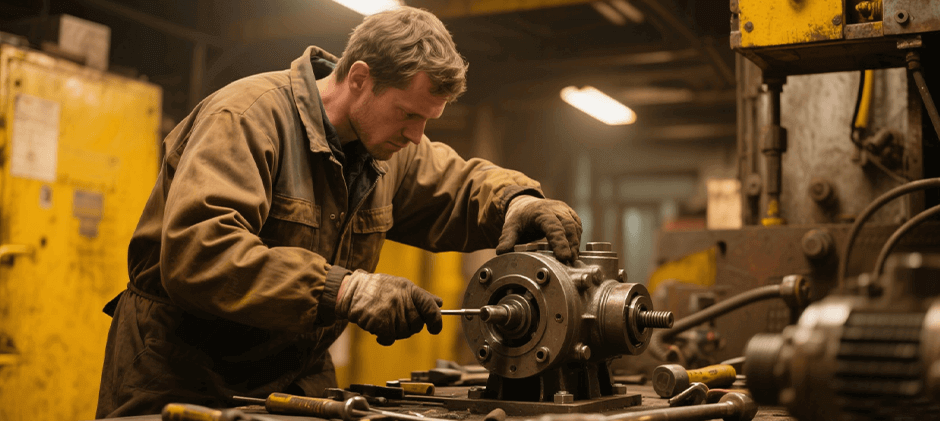  A skilled mechanic carefully disassembles a hydraulic pump on a workbench, showing the detailed work involved in preventing or fixing a hydraulic pump failure.
