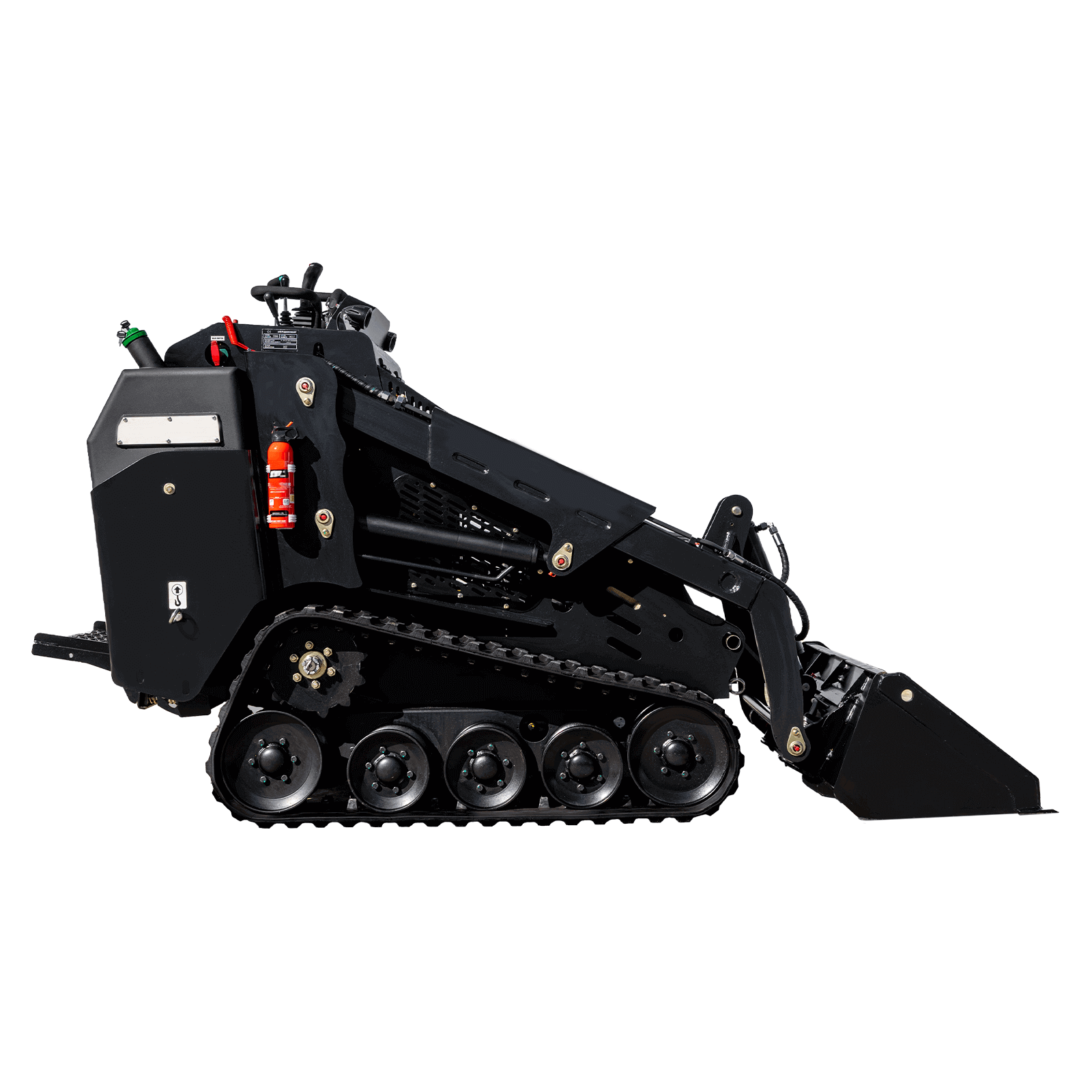 KRT Equipment ST900 Tracked Mini Loader A side view of the KRT Equipment ST900, an all-black tracked mini skid steer with an aggressive, angular design and a small bucket.