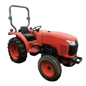 A side-front view of an orange Kubota BX2380 sub-compact tractor with its ROPS (Roll-Over Protection Structure) safety bar raised, on a white background.