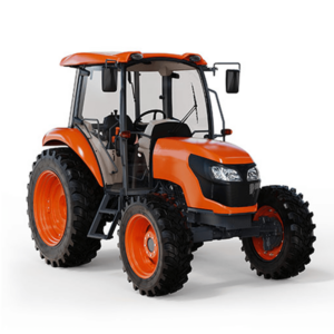 A Kubota M5N-111 narrow tractor with an enclosed cab, showcasing its slim profile designed for tight spaces, on a white background.