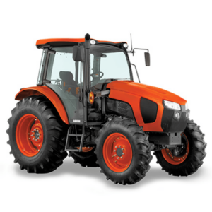 A large orange and grey Kubota M7060 utility tractor featuring a fully enclosed operator cab, pictured on a white background.