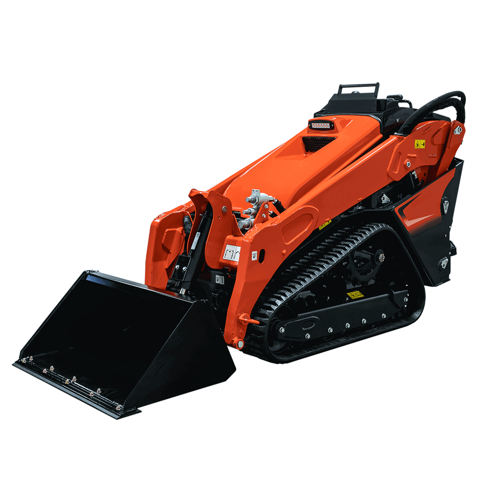 Kubota SCL1000 Stand-On Compact Loader A side view of the orange Kubota SCL1000 stand-on compact loader, featuring black tracks and a standard bucket.