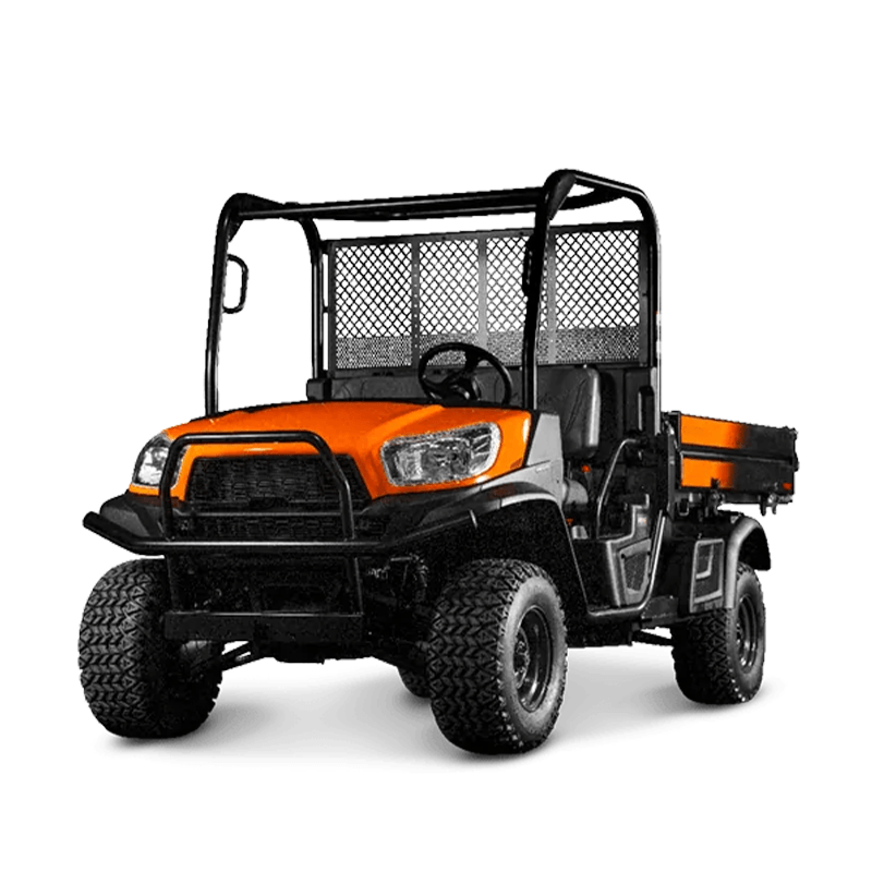 The Workhorse: Kubota Rough Terrain Vehicle (RTV) A Kubota RTV, a heavy-duty utility vehicle, showcasing its work-first design with a large steel cargo bed, rugged frame, and side-by-side seating.