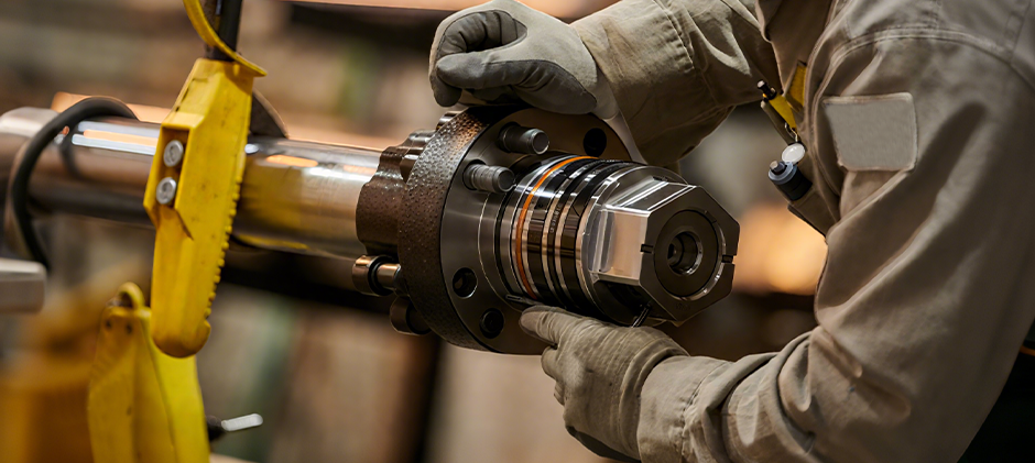 A close-up of a mechanic's gloved hands assembling the seals and gland of a large hydraulic cylinder.