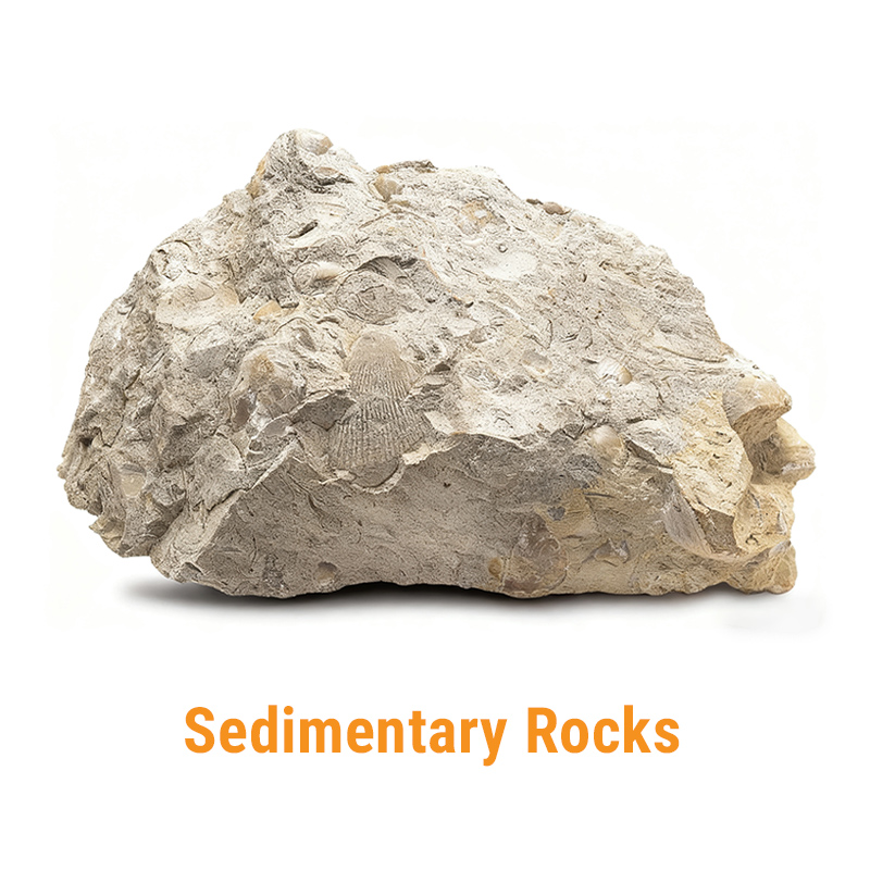Softer Sedimentary Rock A chunk of light-colored sedimentary rock containing visible embedded fossils and shells, representing softer stone like limestone.