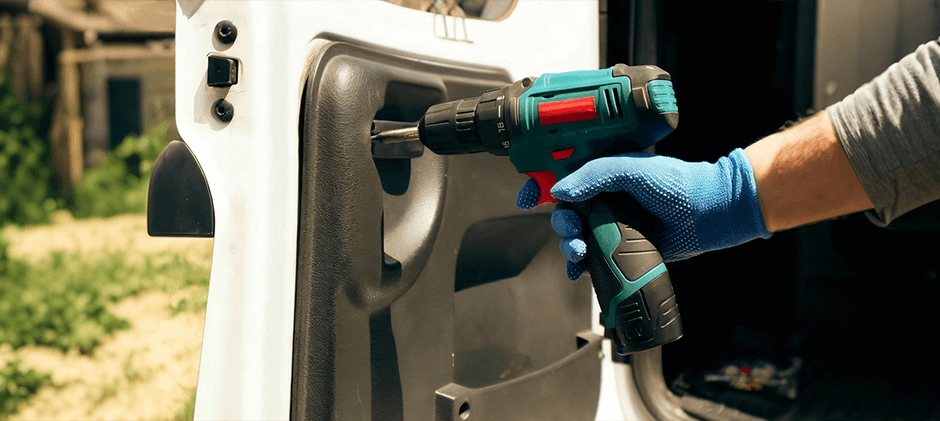 A mechanic using a powerful cordless impact driver to work on the fasteners of a heavy-duty vehicle door panel.