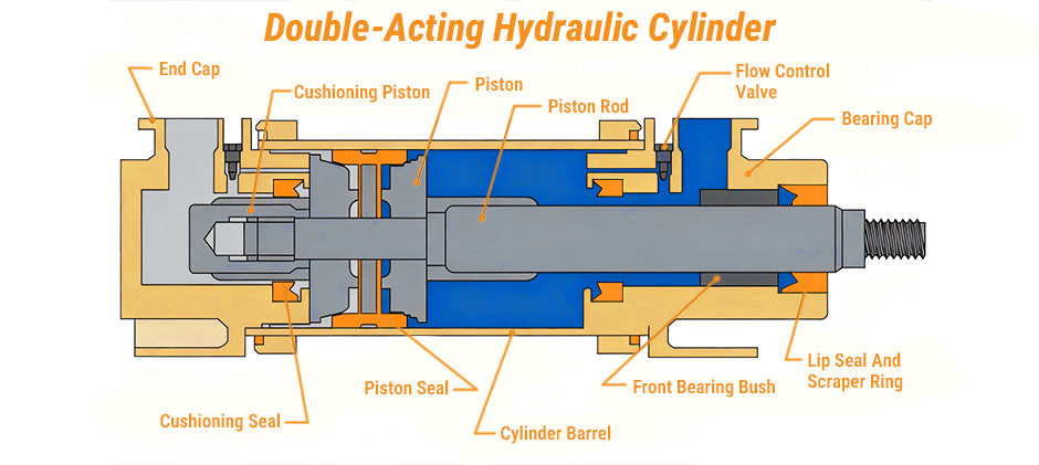 A detailed cross-section diagram showing the internal components of a double-acting hydraulic cylinder, with parts like the piston, cylinder barrel, and flow control valve clearly labeled.
