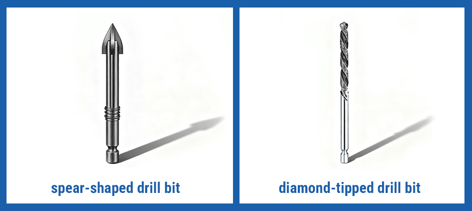 A side-by-side comparison of a spear-shaped drill bit for ceramic tile and a diamond-tipped drill bit for porcelain and hard materials.