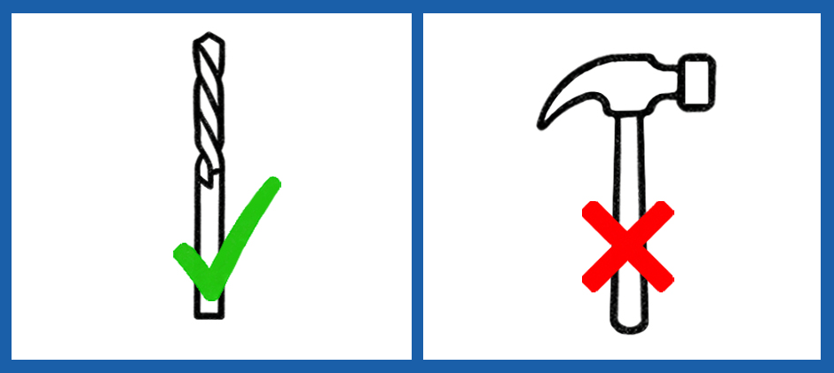 An icon showing a drill bit with a green checkmark and a hammer with a red X, indicating the correct and incorrect tools for drilling tile.