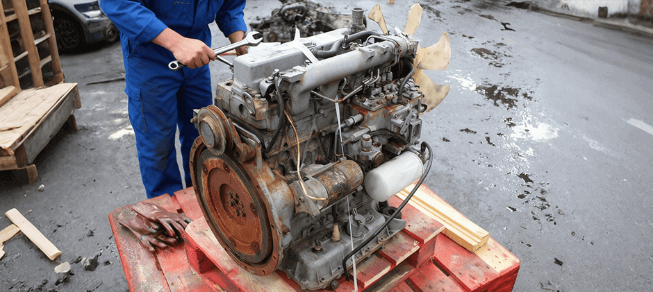 A mechanic in blue overalls uses a wrench to work on a large diesel engine, likely a Kubota V2203, that has been removed and placed on a pallet for repair or overhaul.
