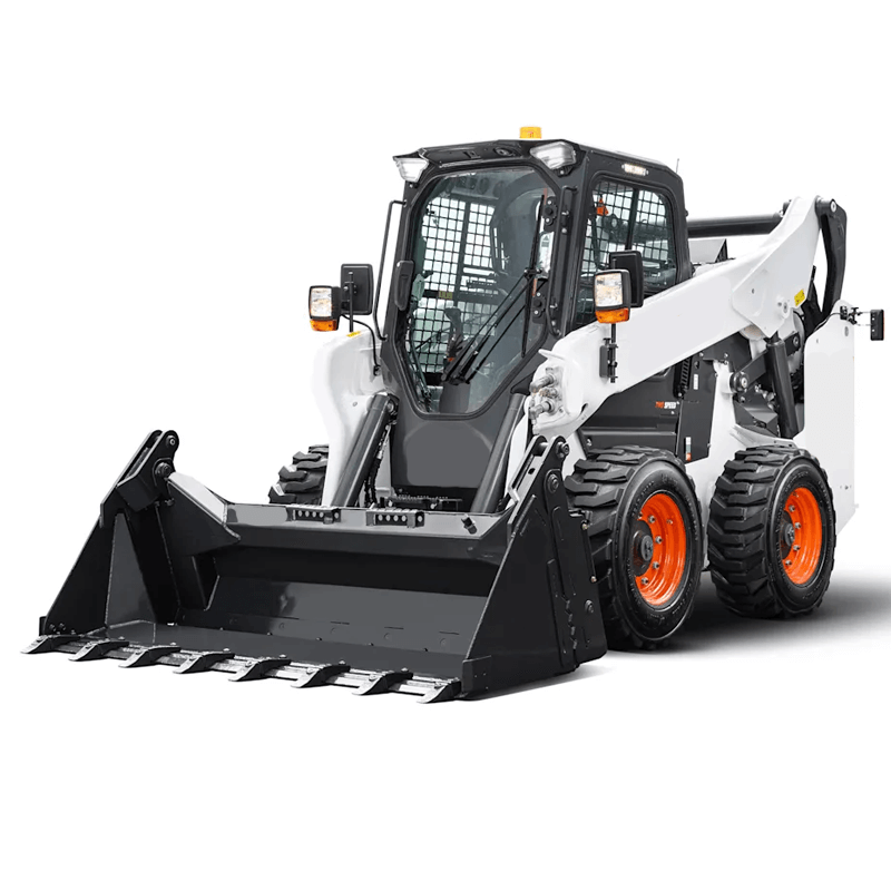 Large-Frame Bobcat S86 A large-frame white Bobcat skid steer equipped with a toothed bucket for heavy-duty work, viewed from the front.