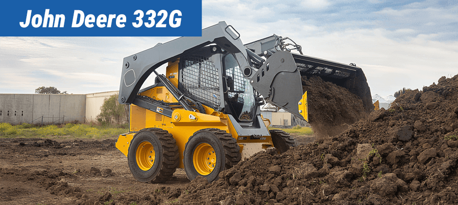 The John Deere 332G, a large wheeled skid steer, is shown dumping a full bucket of dirt, demonstrating its heavy lifting capacity.