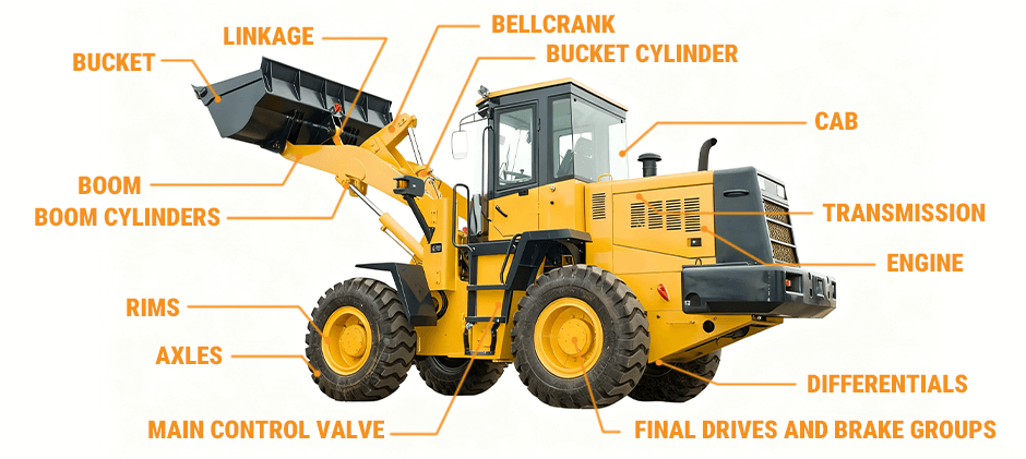 Diagram showing the main parts of a wheel loader, including the bucket, boom, cab, engine, and axles.