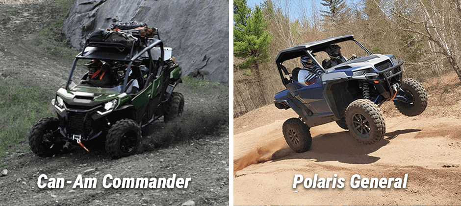 A Can-Am Commander tackles a rocky incline while a Polaris General catches air on a dirt trail, showcasing their different capabilities.