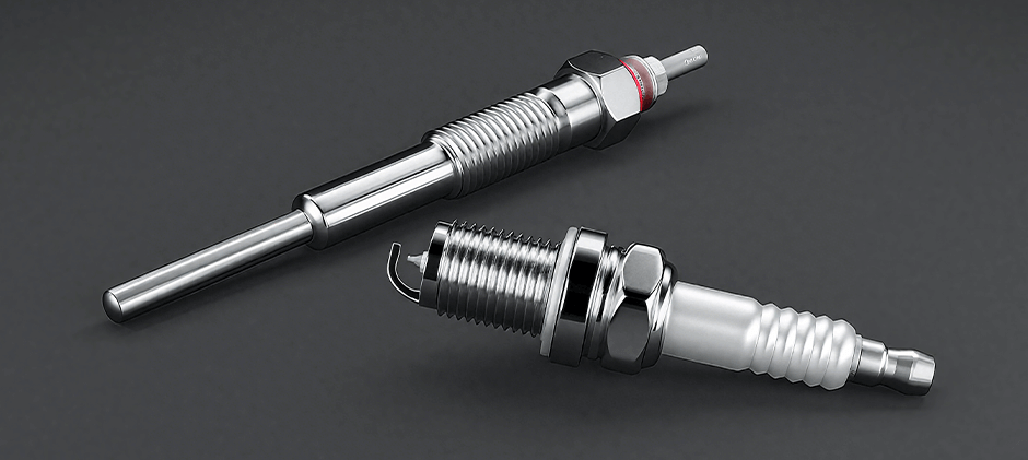 A high-quality, realistic image showing a metal glow plug and a ceramic spark plug lying side-by-side on a dark background.