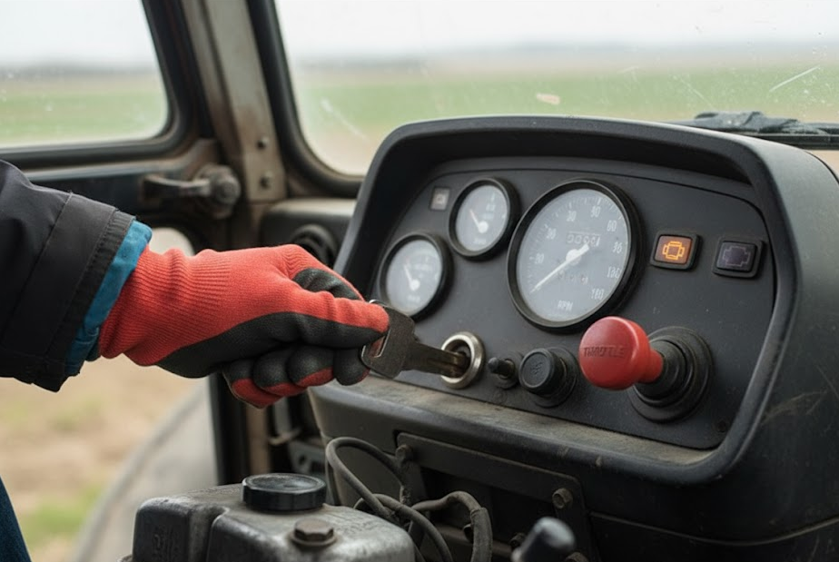 Driver turning ignition key with glow plug warning light on