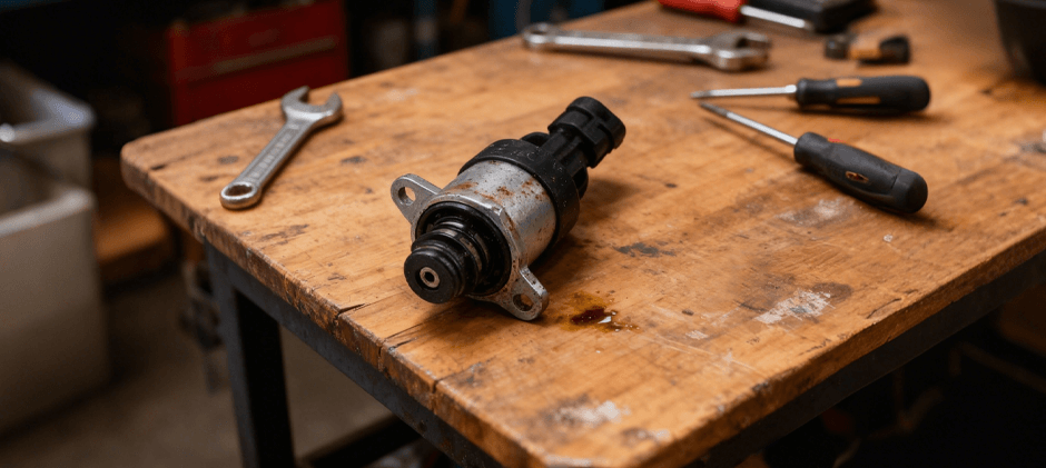 A used fuel pressure regulator removed from a machine, sitting on a workbench next to repair tools.