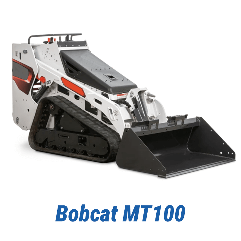 Bobcat MT100 Mid-Range Mini Skid Steer A studio shot of the white and red Bobcat MT100 mini skid steer, a popular mid-range model, shown on a plain white background.