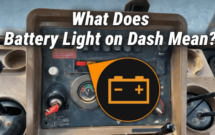 Dashboard of a heavy equipment machine with the red battery warning light illuminated, highlighted by a circular graphic and the text "What Does Battery Light on Dash Mean?"