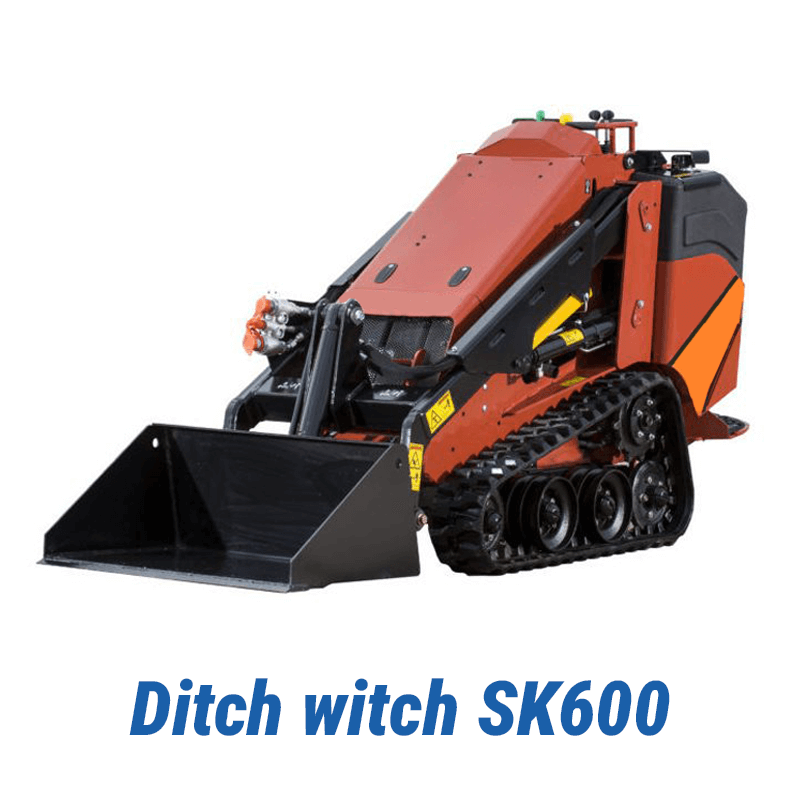 Ditch Witch SK600 Lightweight Mini Skid Steer A studio shot of the orange and black Ditch Witch SK600 mini skid steer, a compact and lightweight model, shown on a plain white background.