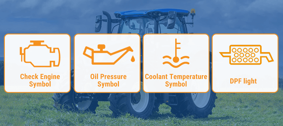 Infographic showing four common New Holland engine warning symbols: Check Engine, Oil Pressure, Coolant Temperature, and DPF light.