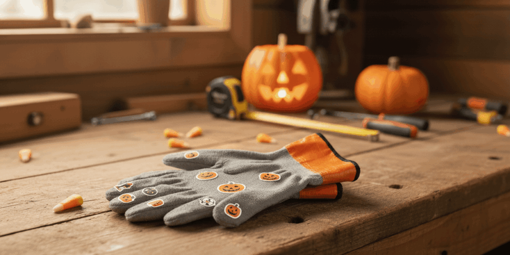 A pair of grey work gloves decorated with small, festive pumpkin stickers, showing a simple way to add Halloween spirit to everyday work gear.