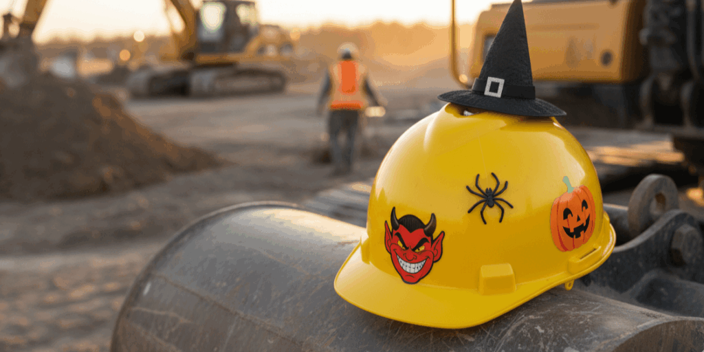 A yellow safety hard hat decorated for Halloween with spooky stickers of a devil and spider, and a miniature witch hat placed on top.