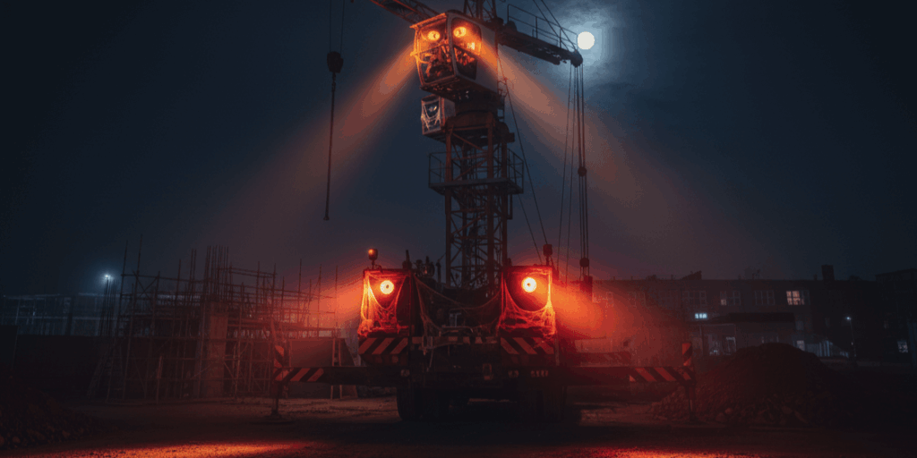 A construction crane at night with its orange work lights glowing like spooky monster eyes under a full moon, creating a Halloween atmosphere.