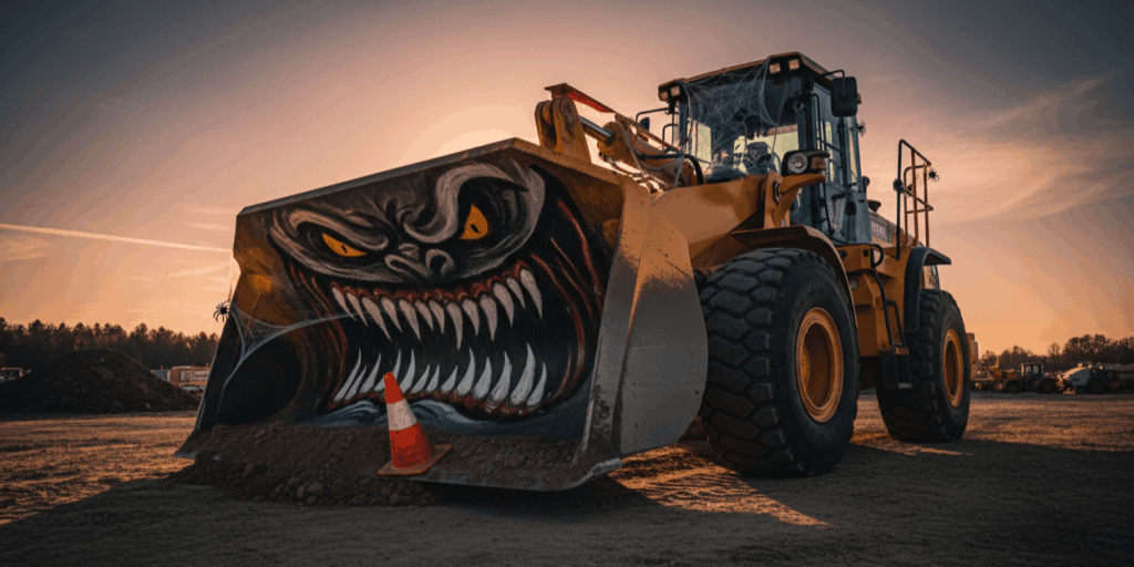 A yellow wheel loader with its front bucket decorated with a large, fierce monster face decal, ready for a Halloween-themed workday.