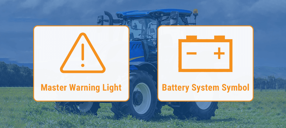 Infographic illustrating two critical New Holland general warning symbols: the Master Warning Light and the Battery System symbol.