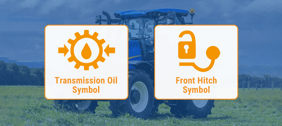 Infographic displaying New Holland warning symbols for the hydraulic system, showing the Transmission Oil symbol and the Front Hitch symbol.