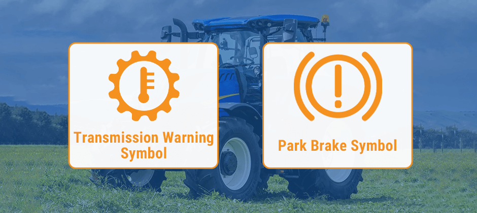 Infographic of New Holland dashboard symbols for the transmission and brake system, showing the Transmission Warning and Park Brake symbols.