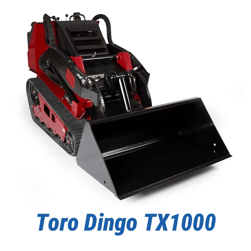 Toro Dingo TX1000 Heavy-Duty Mini Skid Steer A studio shot of the red and black Toro Dingo TX1000 mini skid steer, a powerful heavy-duty model, shown on a plain white background.