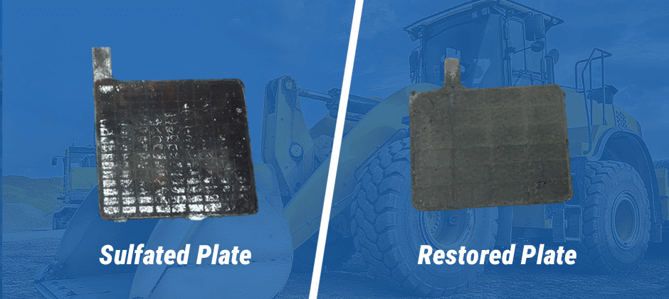 Comparison of a sulfated battery plate and a restored battery plate after reconditioning.
