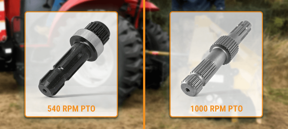 Visual comparison of a 540 RPM PTO shaft with 6 splines and a 1000 RPM PTO shaft with 21 splines.