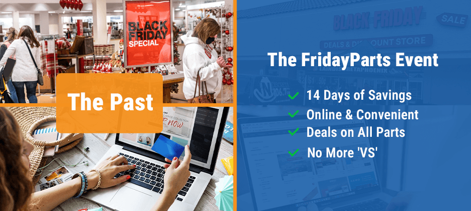 A comparison image showing the evolution from past Black Friday in-store rushes to the modern, convenient online FridayParts Event.