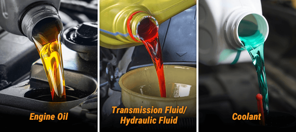 A collage of three images showing the essential fluids for a tractor: amber engine oil being poured, red transmission and hydraulic fluid being poured into a funnel, and green coolant being poured.