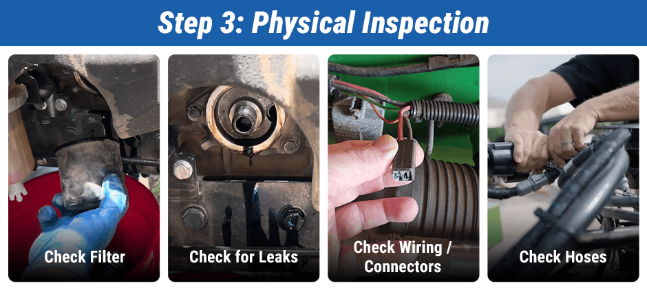A four-panel image illustrating the physical inspection process for a 'Reduced Engine Power' fault, showing checks for the filter, leaks, wiring and connectors, and hoses.