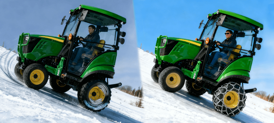 Comparison of a sub-compact tractor without chains and with chains climbing a snowy slope
