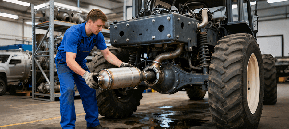 A mechanic in blue overalls installs a new catalytic converter on a large off-road vehicle, a common repair for resolving error code P0420.