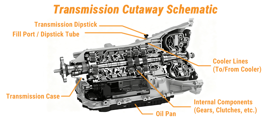 A cutaway schematic of an automatic transmission, showing internal components like gears and clutches, and labeling the transmission case, oil pan, dipstick, and cooler lines.