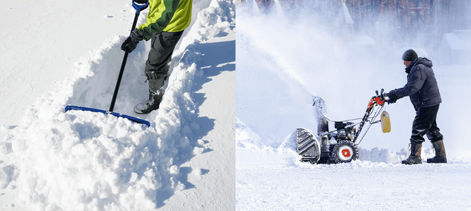 Different snow removal equipment: A split image comparing manual snow removal with a pusher shovel versus using a powerful two-stage gas snow blower.