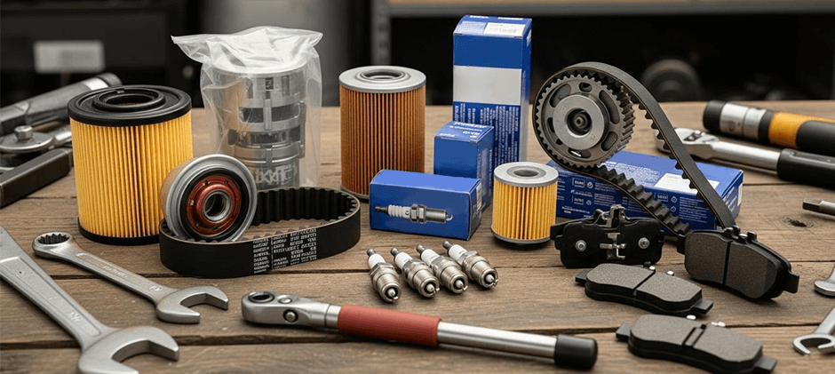 An assortment of quality aftermarket Kubota parts, including filters, belts, and spark plugs, laid out on a workbench.