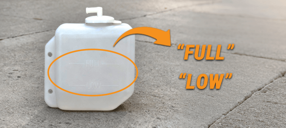 A coolant reservoir tank showing the 'FULL' and 'LOW' level markings highlighted.