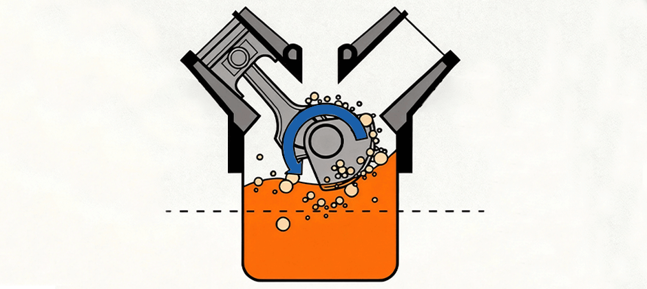 A diagram illustrating crankshaft aeration, where the spinning crankshaft whips overfilled engine oil into a foam.