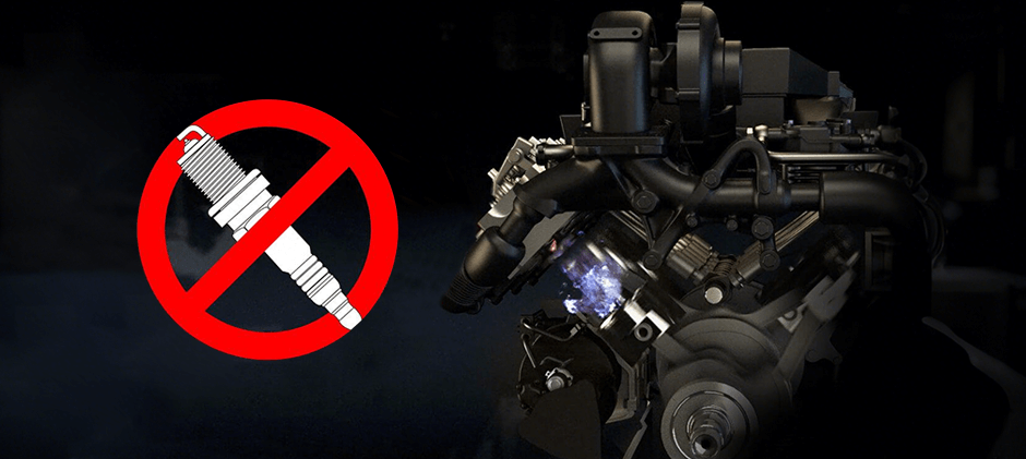 A 3D rendering of a modern diesel engine with a "no spark plug" symbol, illustrating the internal glow of compression ignition within a cylinder.