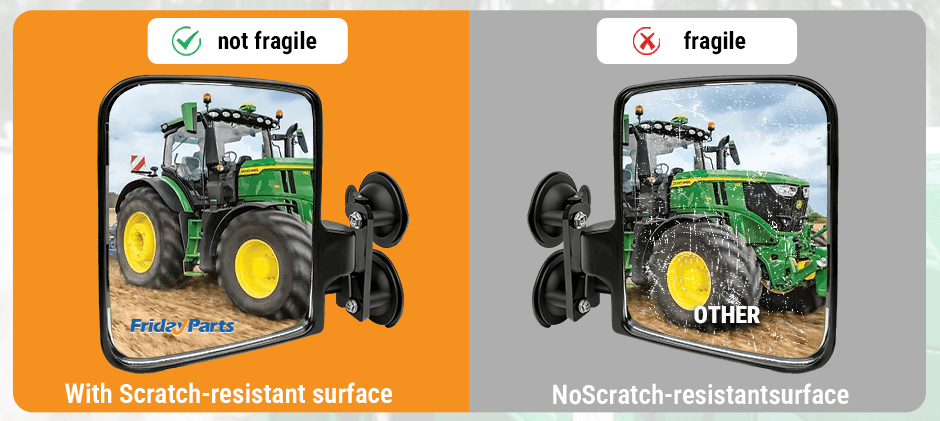 A side-by-side comparison showing a clear, scratch-resistant FridayParts mirror next to a blurry, scratched mirror from another brand.